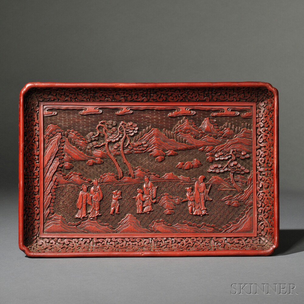 Red Lacquer Tray China rectangular with lobed corners the center