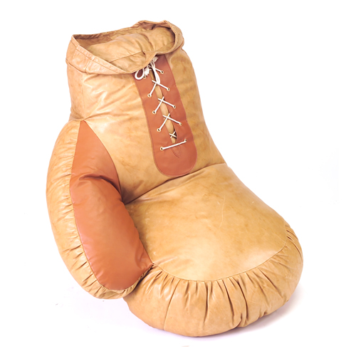 Pop Art boxing glove chair of brown and tan leather