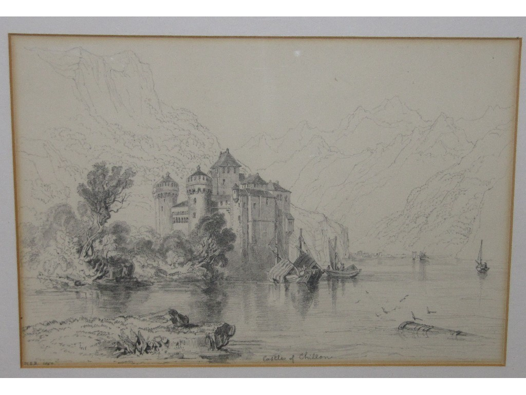 Pencil drawing Castle of Chillon monogrammed and dated MEB 1850