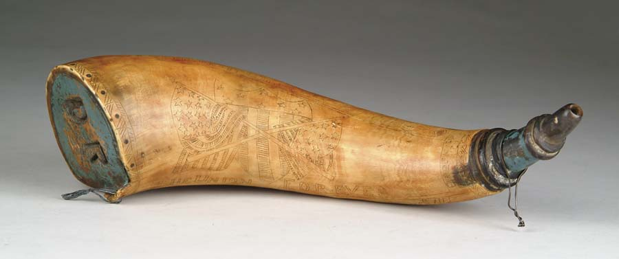 COMMEMORATIVE POWDER HORN 12 horn with turned nozzle and wood
