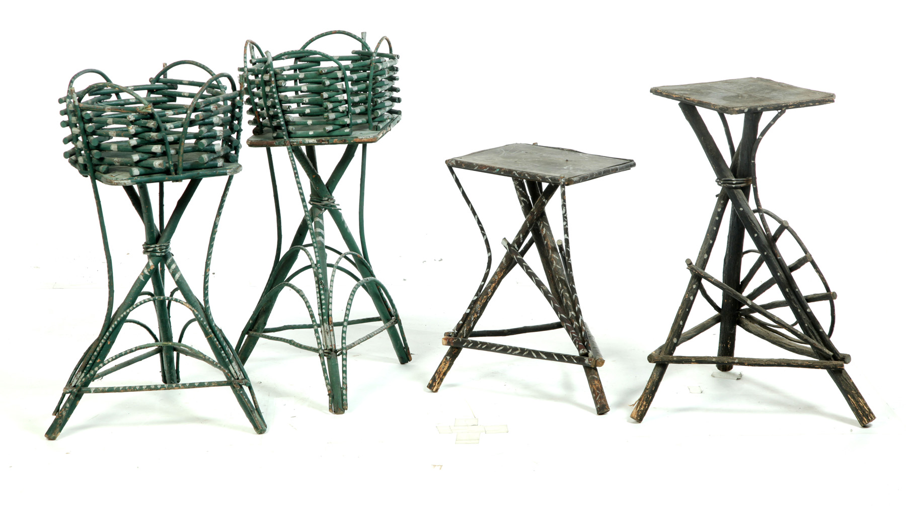FOUR TWIG PAINT DECORATED STANDS American 1st half 20th century