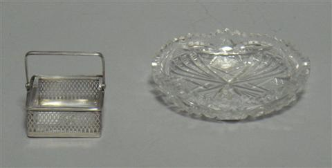 ROUND CUT GLASS RELISH DISH AND STERLING CUT GLASS BASKET