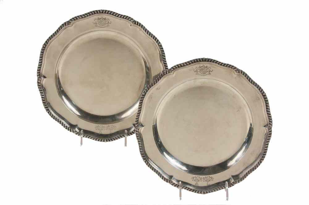PAIR ENGLISH STERLING PLATES Pair Sterling Silver Dinner plates with