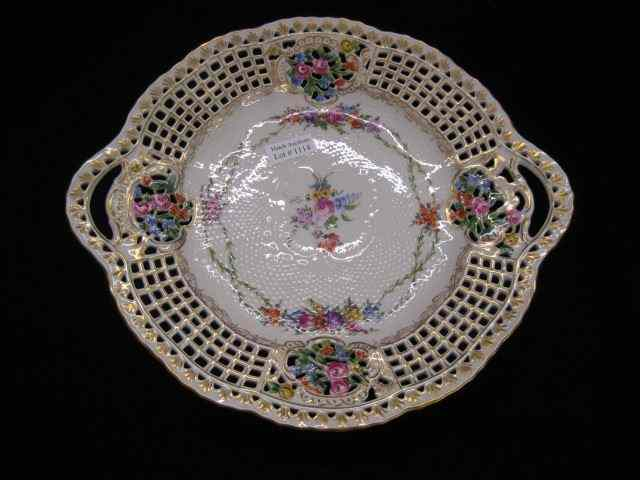 Handpainted German Porcelain Cake Plate fancy openwork basket trim floral