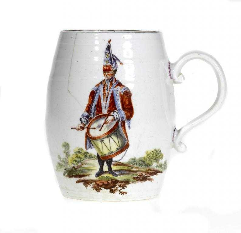 A RARE DERBY MUG of barrel shape with moulded bands
