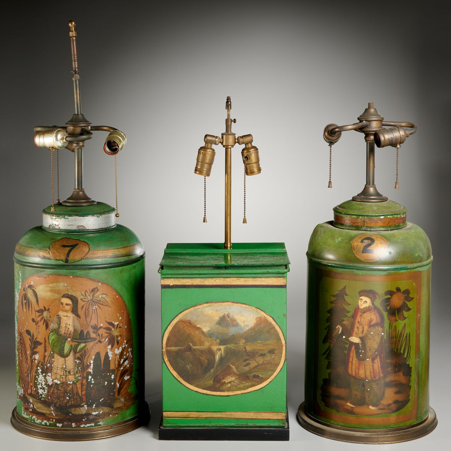 3 ENGLISH GREEN PAINTED TOLE TEA CANISTER LAMPS 19th 20th