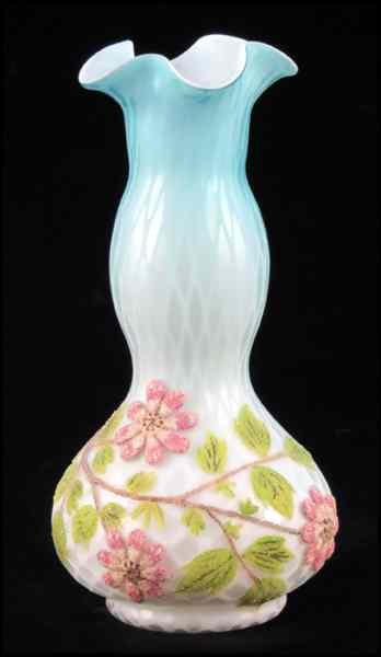 QUILTED SATIN GLASS VASE Bearing applied glass bead floral decoration