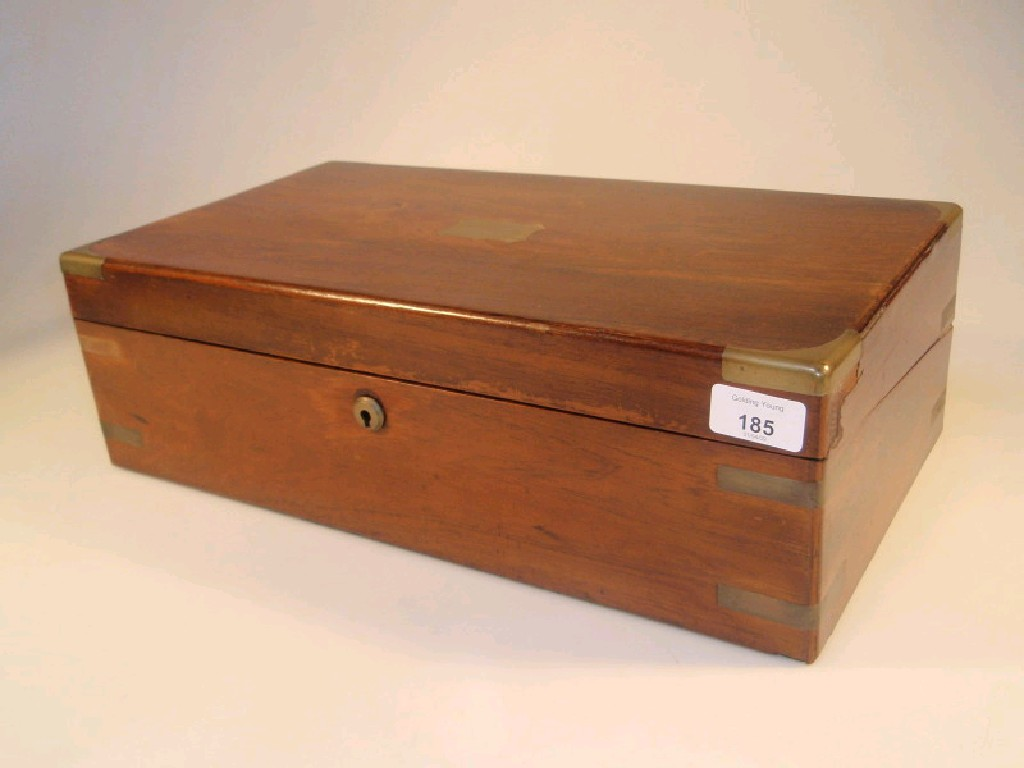 A 19thC mahogany writing box with brass banding the interior