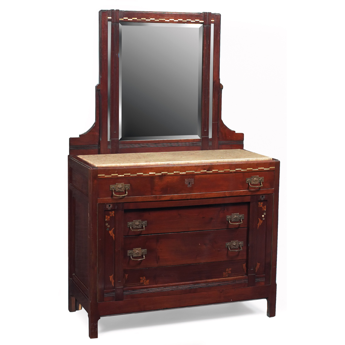 European Arts Crafts dresser in mahogany with inlaid design in