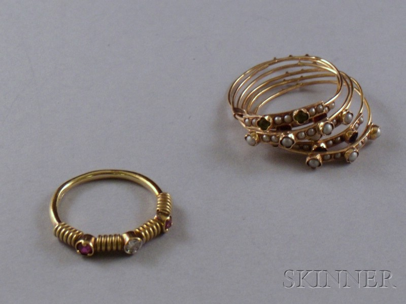 Gold Seed Pearl and Gem set Harem Ring and a