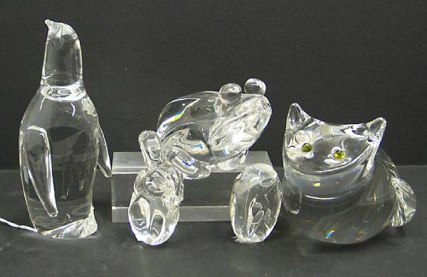 Five Steuben glass animals Comprising cat with applied green eyes