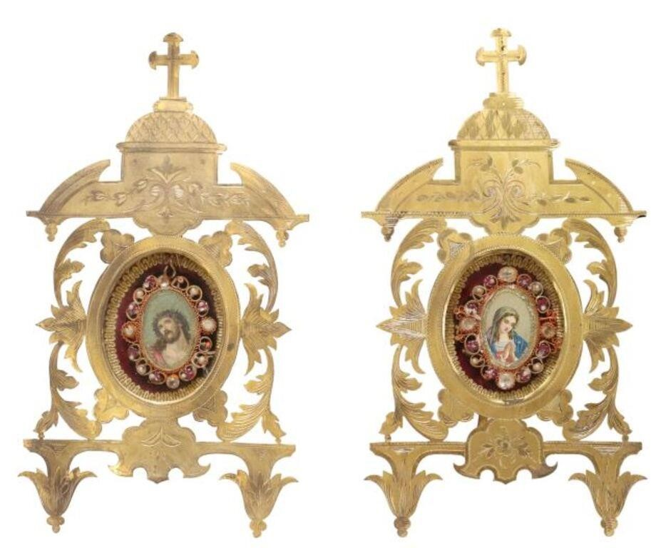 pair Continental framed altar prints 20th c pierced gilt metal