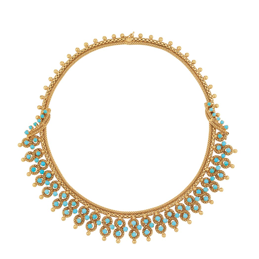 5 Gold and Turquoise Fringe Necklace 18 kt composed of