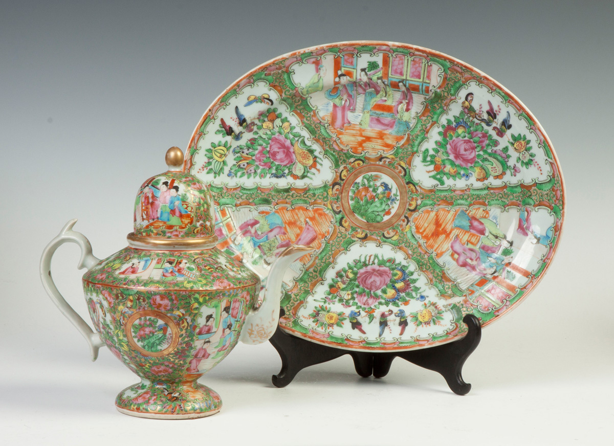 Chinese Export Rose Medallion Tea Pot Oval Platter 19th cent