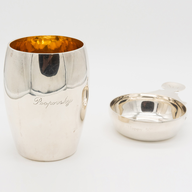 ASPREY SILVER TUMBLER AND AN ENGLISH WINE TASTER Each inscribed