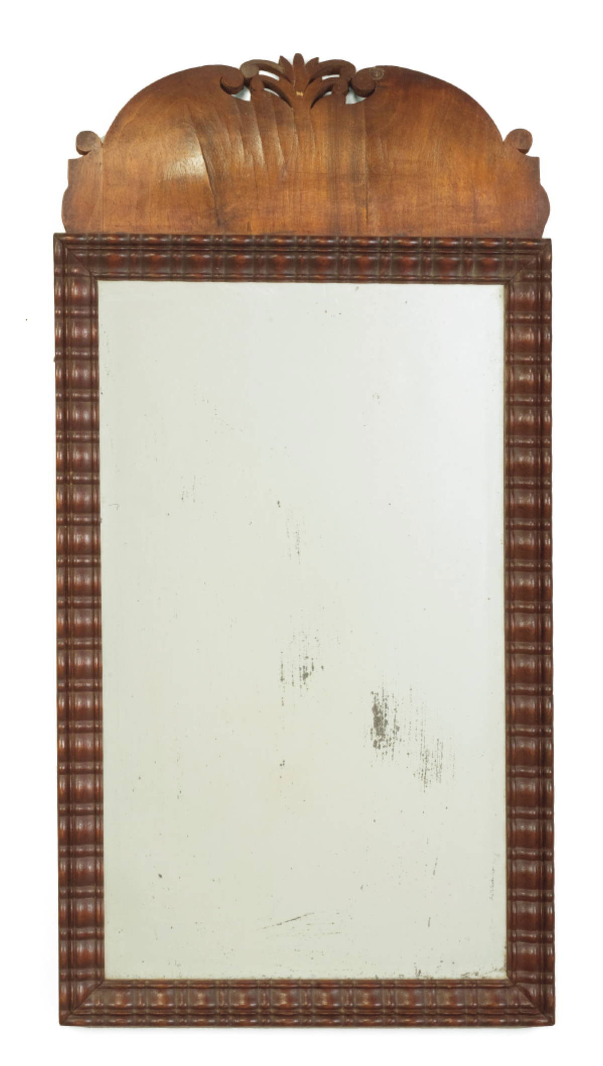WILLIAM AND MARY WALNUT RIPPLE MOLDED WALL MIRROR WITH SHAPED