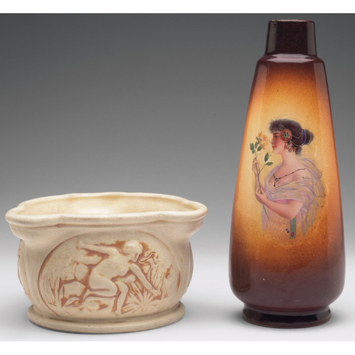 Weller bowl lobed shape with raised figural designs under an