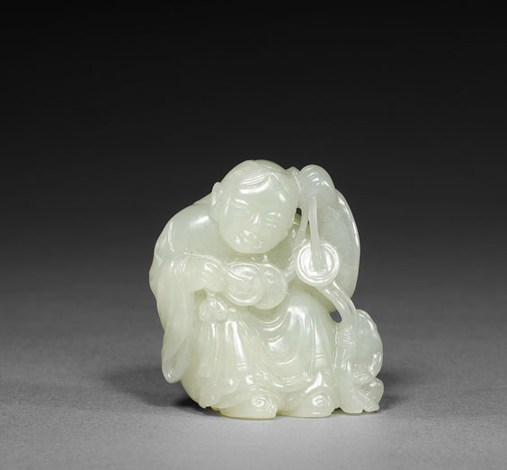 ANTIQUE WHITE JADE LIUHAI Antique Chinese greenish white jade carving