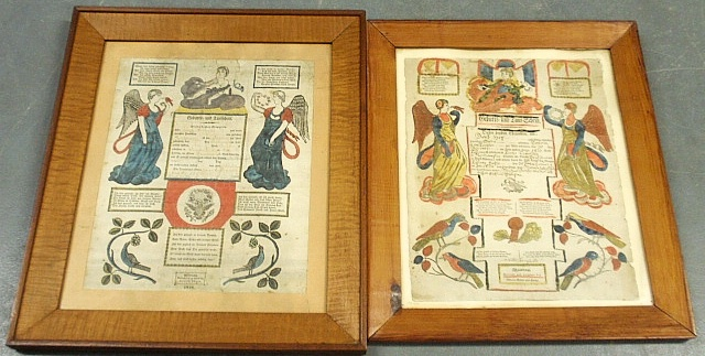Framed hand colored Taufschein 1818 Allentown PA site 18 x14