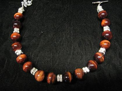 Tiger Eye and crystal necklace Round deep rose colored tiger