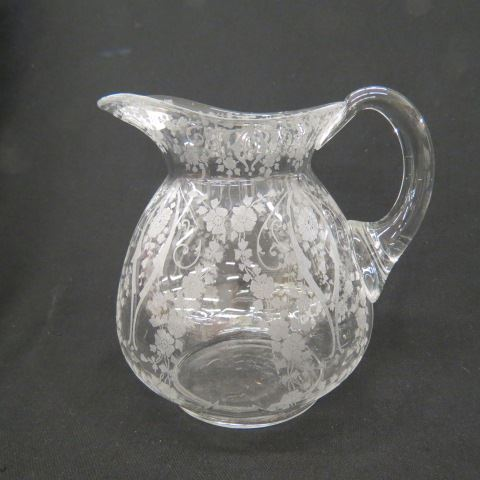Cambridge Art Glass Pitcher etched floral 7 1 2 excellent