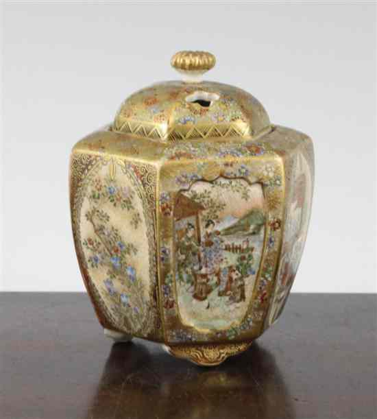 A Japanese Satsuma pottery hexagonal koro and cover Meiji period
