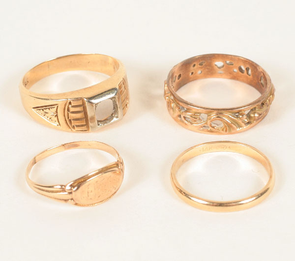 Lot of four vintage and antique 14K gold rings including
