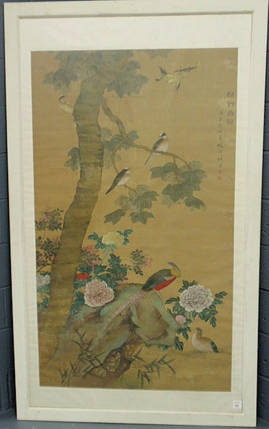 Framed Japanese silkwork panel with ornithological motif 59 x34 5