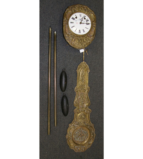 French wag on the wall clock repousse brass case and