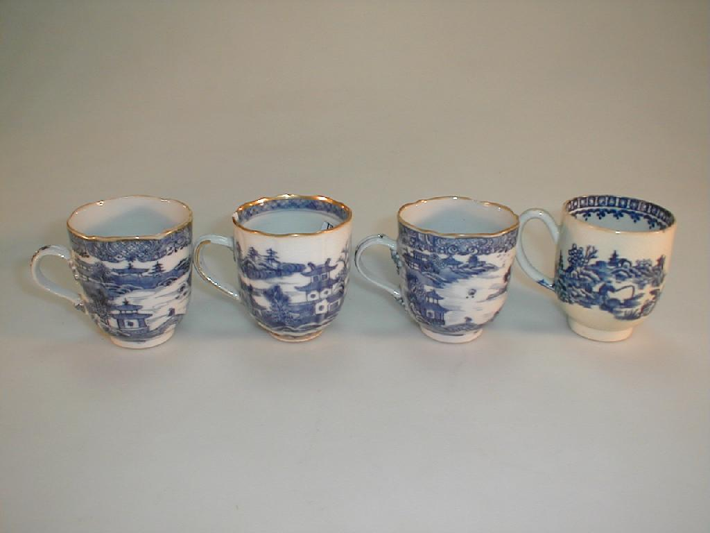 An 18thC English pottery blue printed coffee cup decorated with