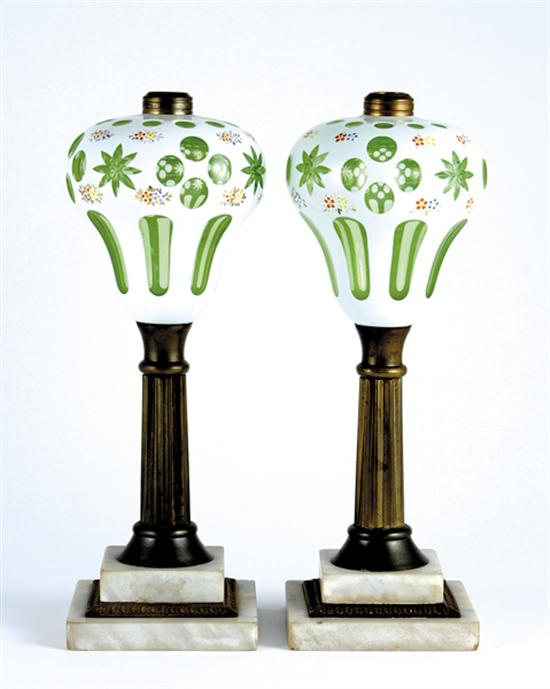 Pair American double cut overlay glass fluid lamps 19th century