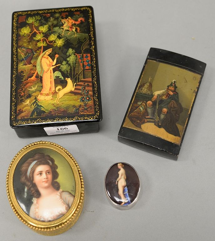 Four boxes including Russian enameled tin painted cigarette box with