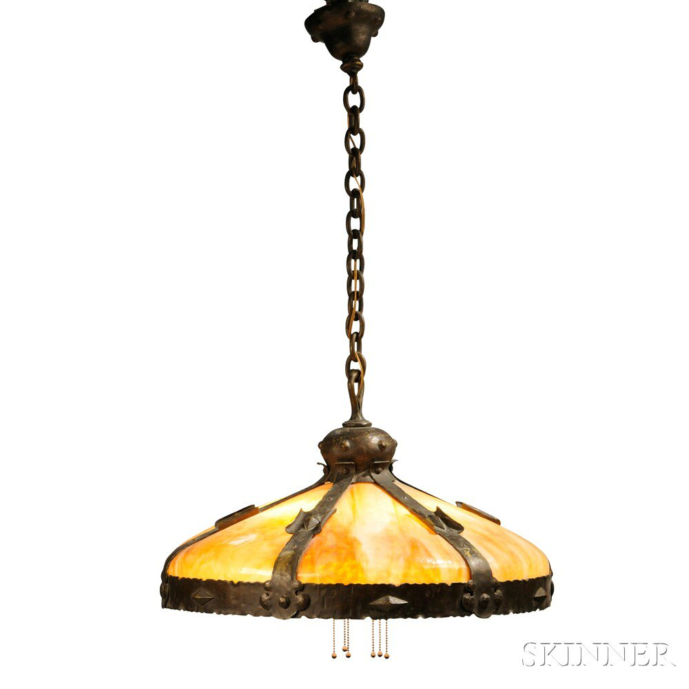 Arts Crafts Hanging Lamp Patinated metal slag glass United States