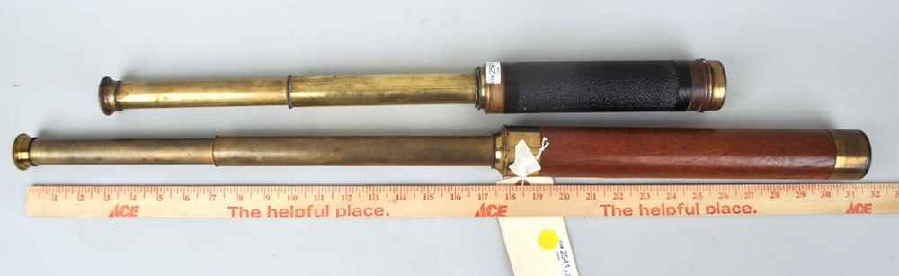 Two Antique English Brass Telescopes one with wood the other