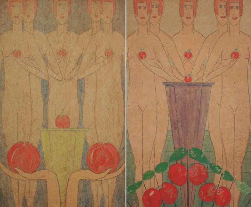 2 DECO ILLUSTRATIONS Depicts Female Nudes Holding Apples Watercolor and