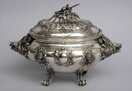 LOUIS XV STYLE SILVER PLATED BOAR S HEAD TUREEN AND