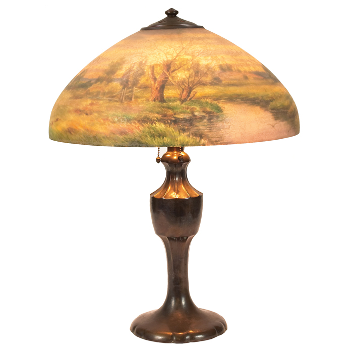 Handel table lamp reverse painted acid etched shade with landscape