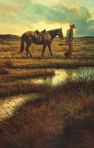 Framed oil on Masonite painting Sunrise Cowboy signed lower right