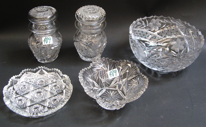 SIX AMERICAN CUT CRYSTAL TABLE ACCESSORIES including a cut and