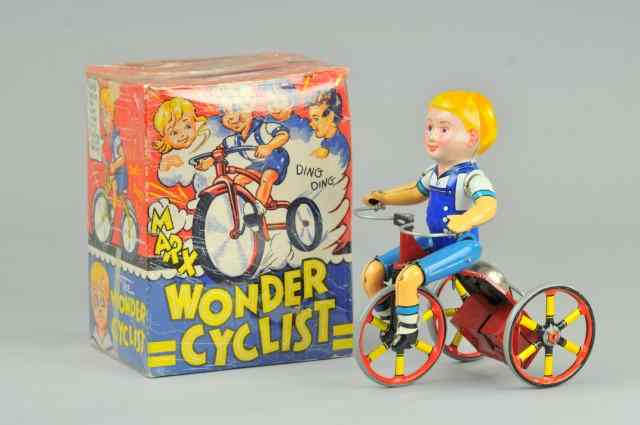 MARX THE WONDER CYCLIST IN ORIGINAL BOX Litho tin wind