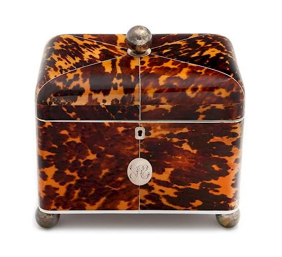 An English Silver Inlaid Tortoise Shell Tea Caddy Height 8