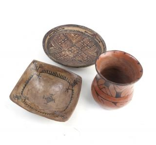 Three Pottery Vessels Three variously decorated pottery vessels in Native