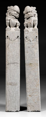 Pair Chinese stone columns square section gray stone topped with
