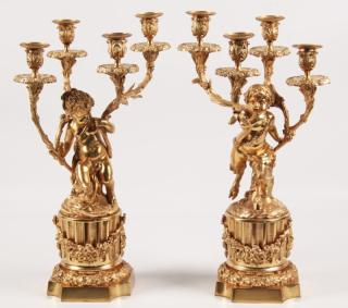 PAIR OF FRENCH DORE BRONZE 4 LIGHT CANDELABRA HAVING MYTHOLOGICAL
