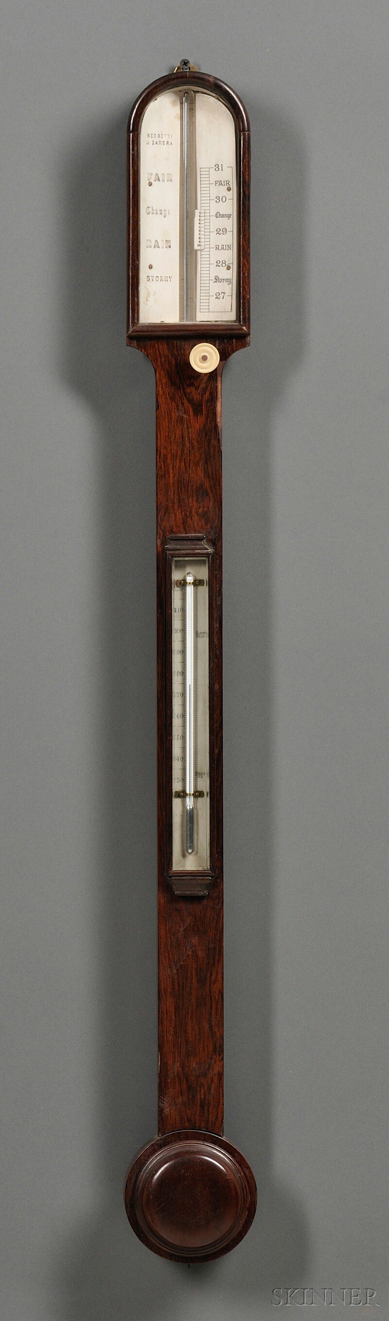 Rosewood Veneer Stick Barometer Negretti Zambra London 19th century rosewood