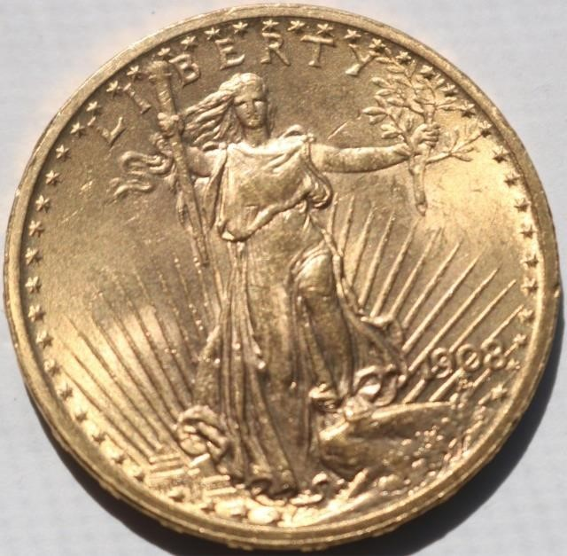 1908 ST GAUDENS DOUBLE EAGLE 20 DOLLAR GOLDPIECE IN EXCELLENT