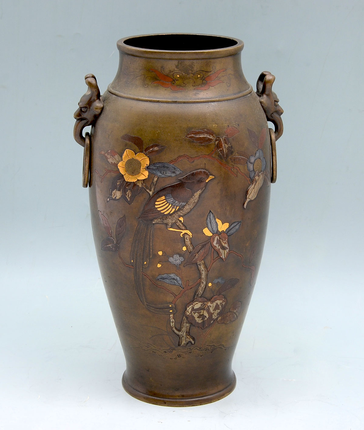 JAPANESE BRONZE GOLD SILVER COPPER OVERLAID VASE Japanese bronze vase