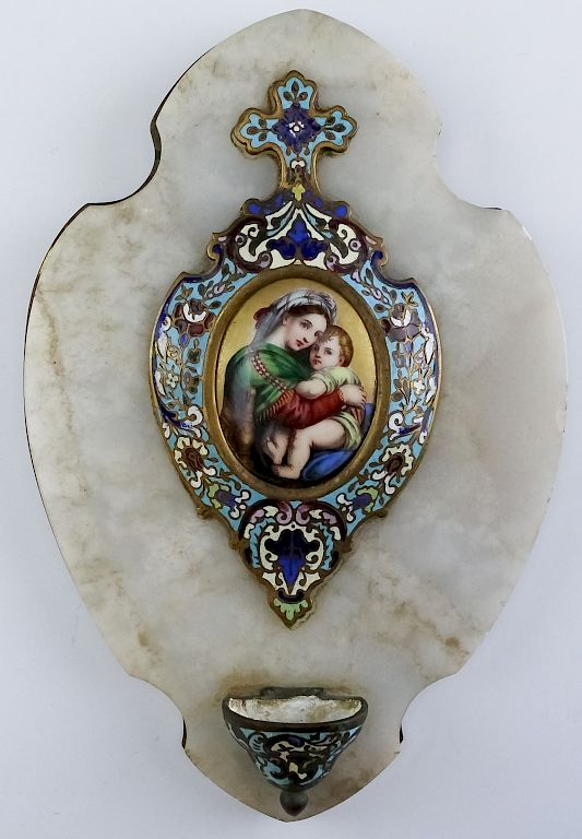 French Bronze Champleve Enamel Holy Water Font Fine antique French