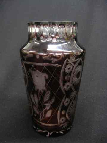 Ruby Cut to Clear Vase elaborate rose lattice work panels