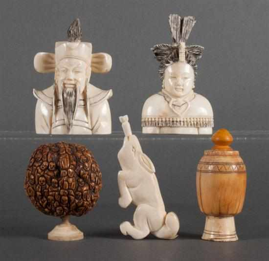 Five Japanese carved ivory snuff bottles includes figural busts of